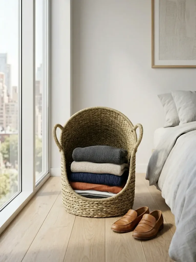 Seagrass basket sits on a wooden floor holding five neatly folded thick sweaters next to leather loafers.