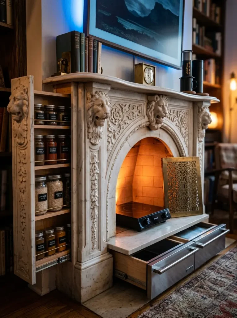 A carved white marble fireplace mantle with a pull-out spice rack on the side and a black induction cooktop inside the hearth.