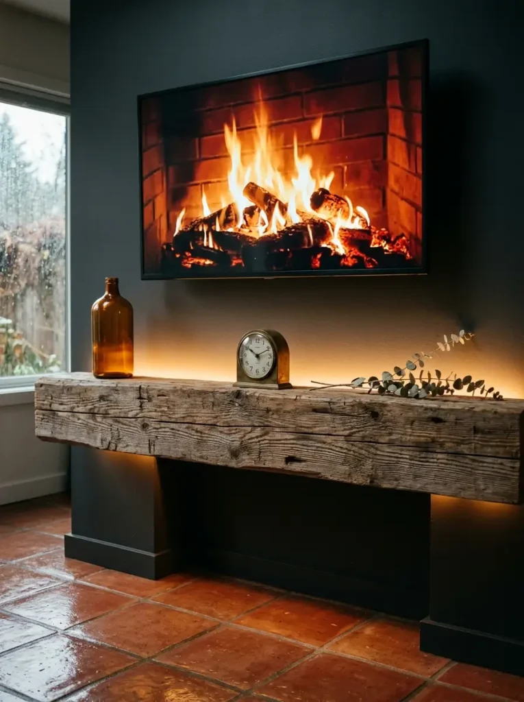 Illuminated reclaimed timber mantle holds vintage decor below a small living room tv wall fire display.