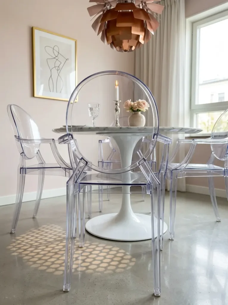 Four clear plastic acrylic dining chairs surrounding a white marble tulip table under a copper pendant light in a pale pink room.