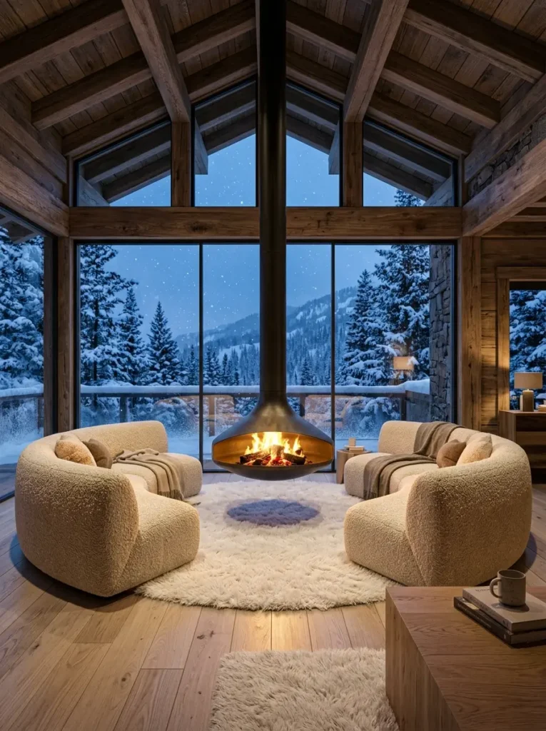 Matte black hanging metal fireplace suspended over a white round rug between two curved fuzzy cream sofas.