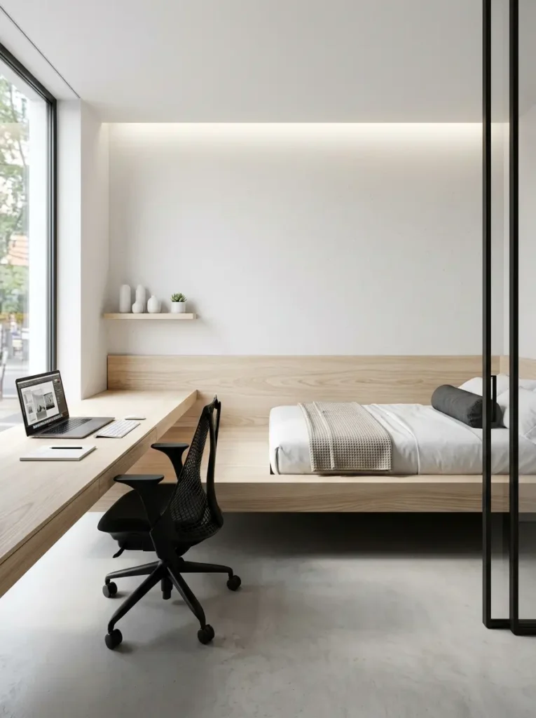 Minimalist continuous light ash wood structure serving as both a floating desk and platform bed in a bright white room