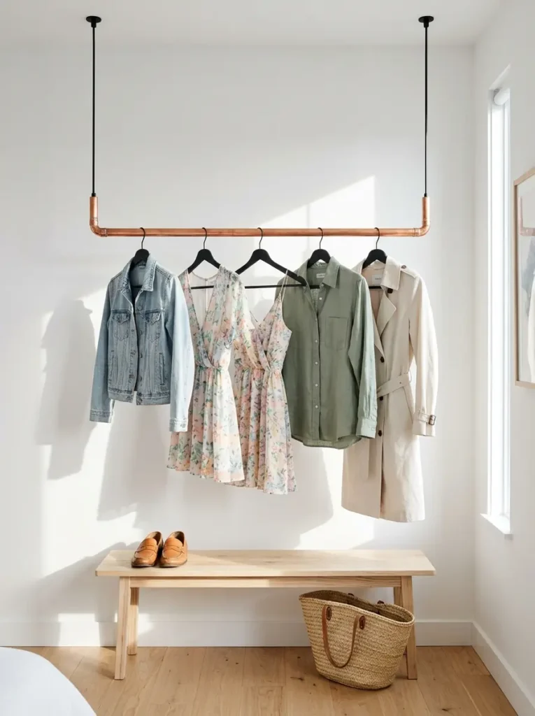 Spring dresses and jackets hang from a metal pipe near the ceiling.