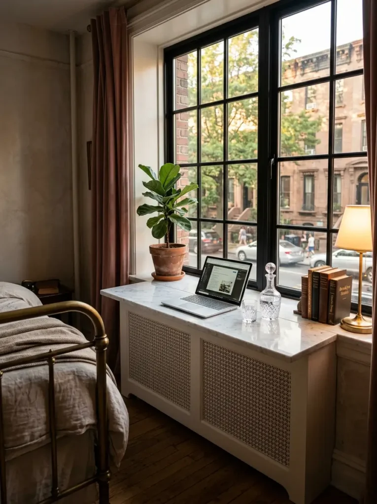 Marble slab over a radiator used as a desk by a window.