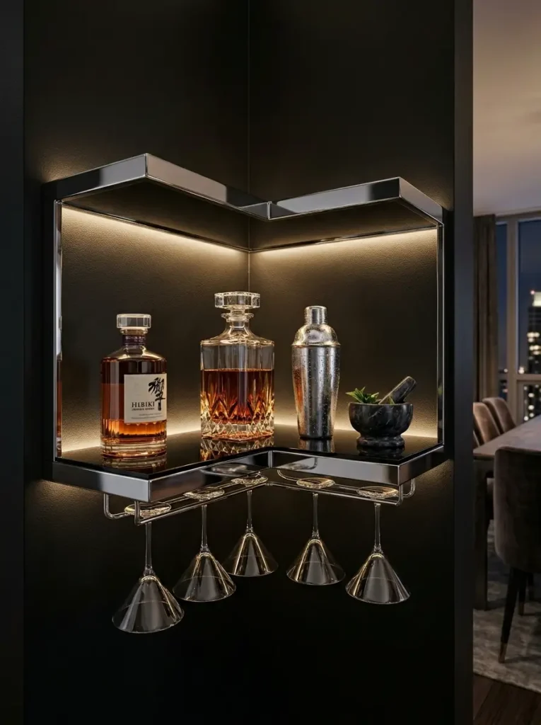 Two tiered polished metal corner shelf holding liquor decanters and hanging martini glasses.