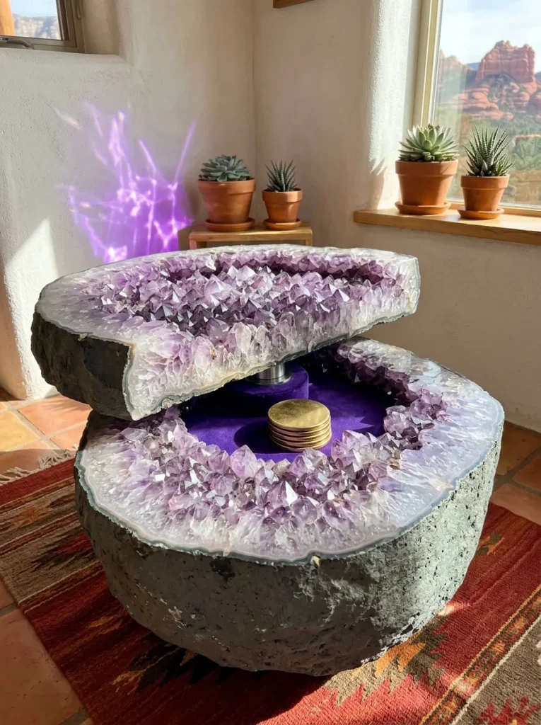 Split Amethyst Geode Table Large raw amethyst geode split in half to reveal purple crystals and a hidden storage compartment.