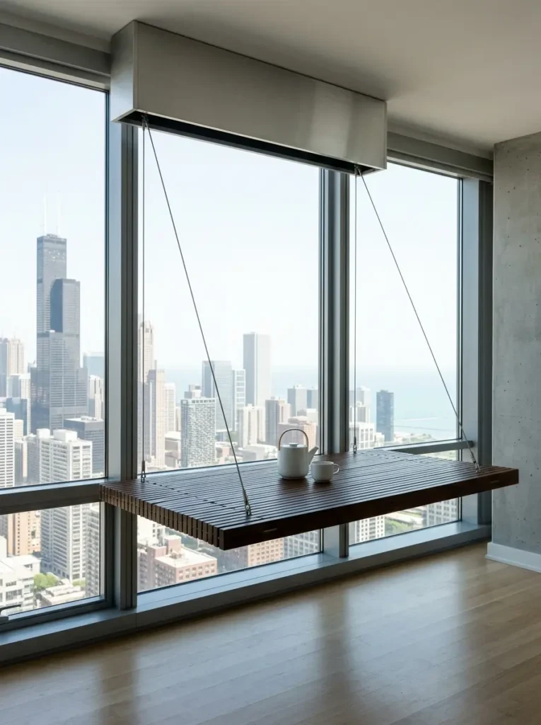 Window Suspended Floating Wooden Ledge Slatted wood space saving dining table suspended by metal cables in front of large city windows.