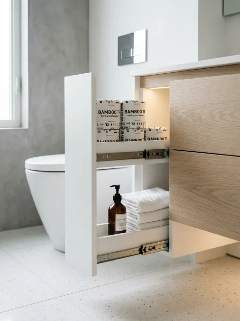 Vertical white pull out drawer holding toilet paper next to a wood vanity