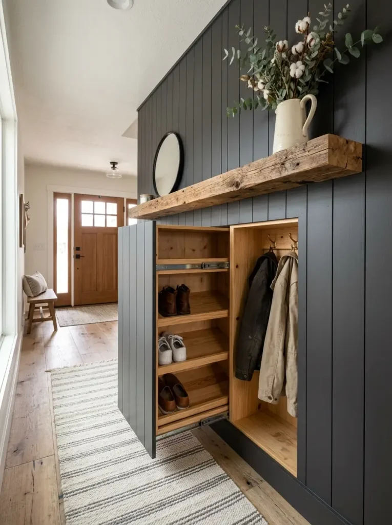 Dark charcoal vertical paneling opens to reveal hidden wooden shelves filled with shoes and hanging jackets.