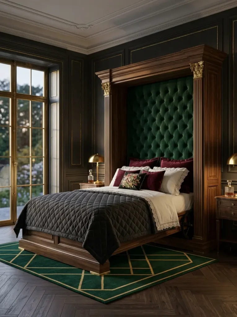 Grand Neoclassical Wood Wall Bed Imposing mahogany neoclassical affordable murphy bed with golden capitals and a green tufted velvet headboard.