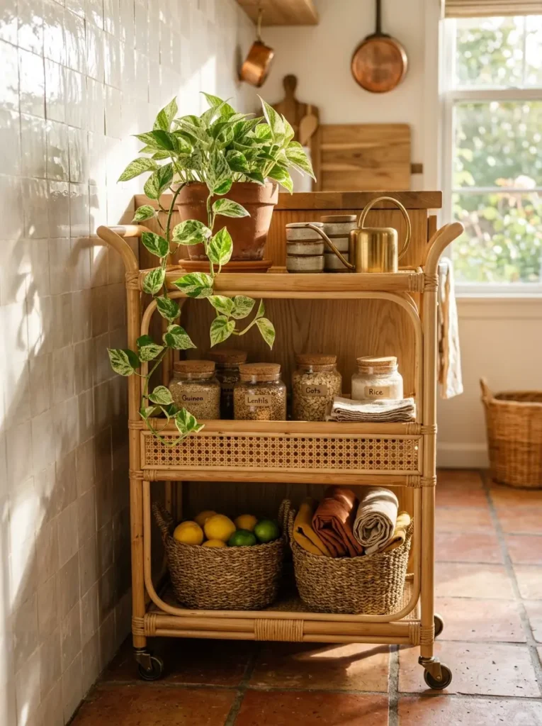 Woven wicker and light wood rolling cart with seagrass baskets