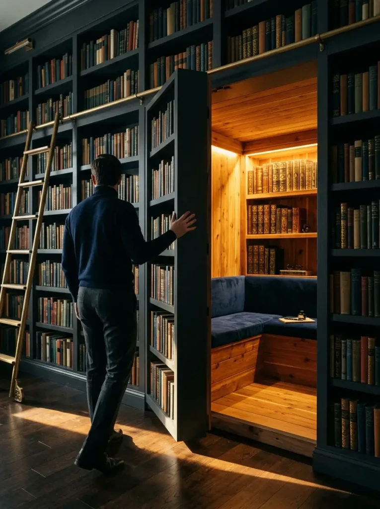 Hidden Library Room Man opening a secret bookcase door leading to a hidden reading room.