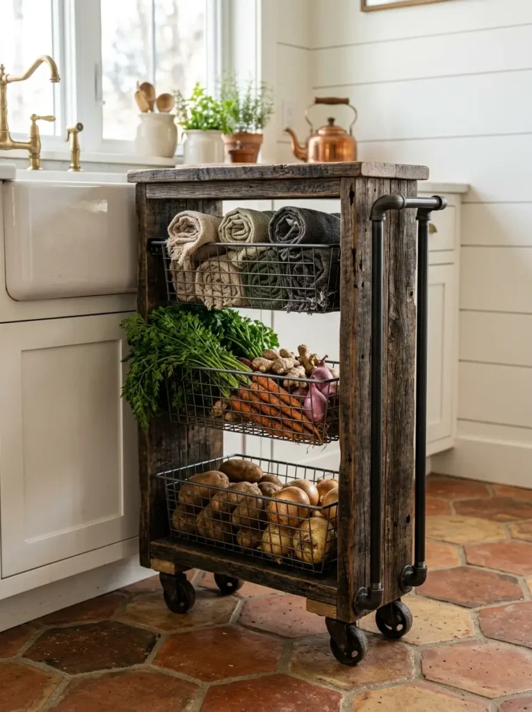 Weathered wood cart with black pipe handles and wire produce baskets