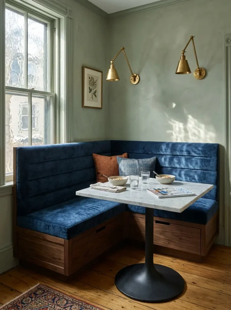 Blue Velvet Corner Banquette Custom blue velvet corner bench seating with wooden storage drawers under a marble table.