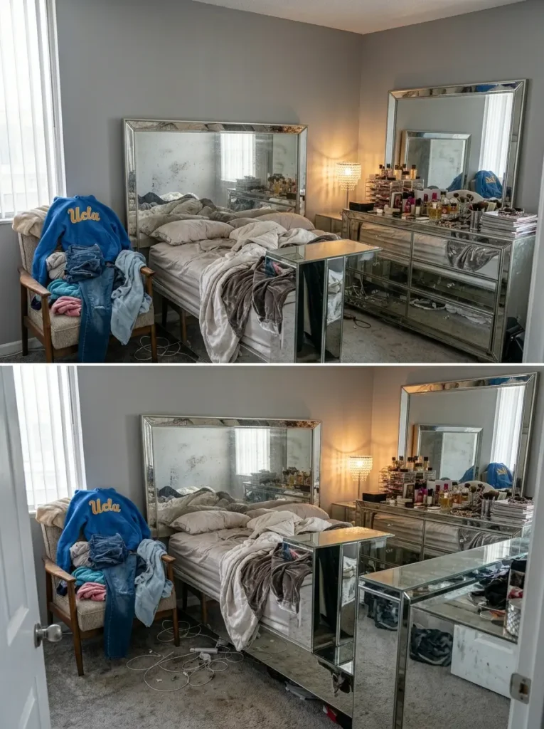 Mirrored dresser and headboard reflecting an unmade bed and messy clothing piles across a grey bedroom