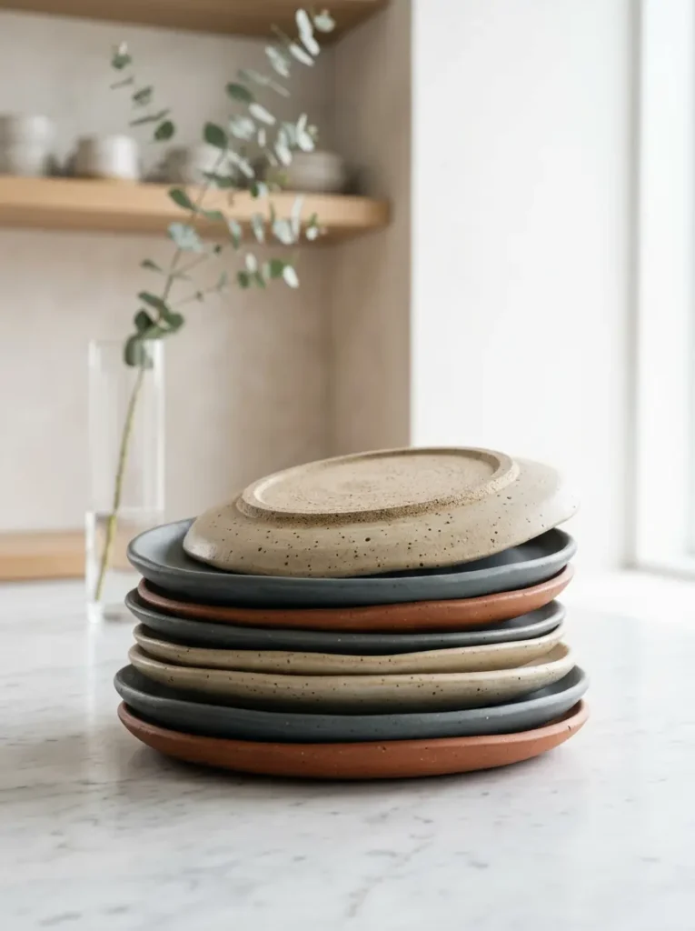 Earthy clay plates form a neat tower on a bright white marble kitchen countertop.