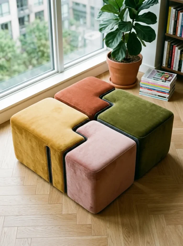 Interlocking Modular Ottomans Four colorful velvet ottomans in mustard rust green and pink joined together into a square
