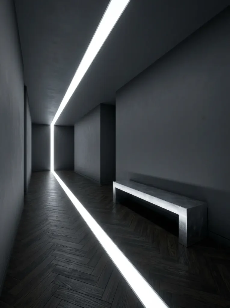 Continuous white LED strip lighting running across the floor and ceiling in a dark apartment.