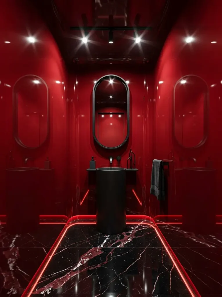 Ruby Red Glossy Bathroom High gloss ruby red bathroom with black marble floor