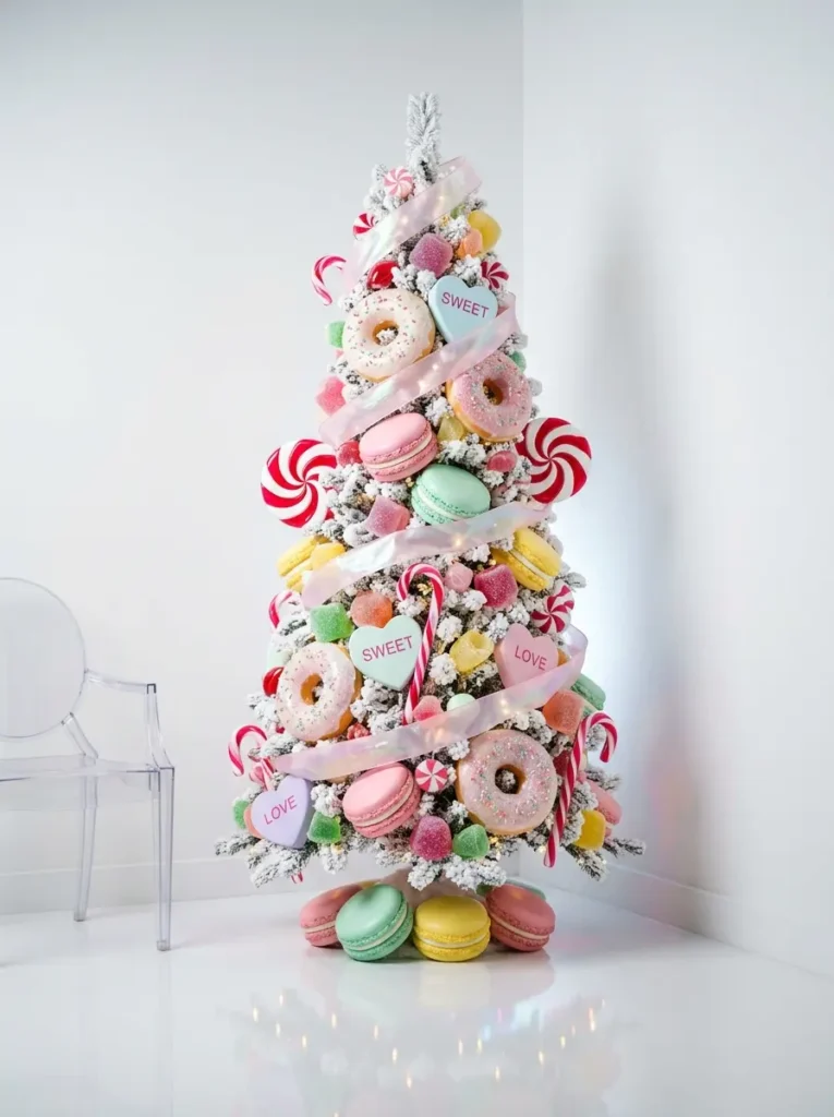 Heavily flocked Christmas tree covered in oversized pastel macarons frosted donuts and candy hearts