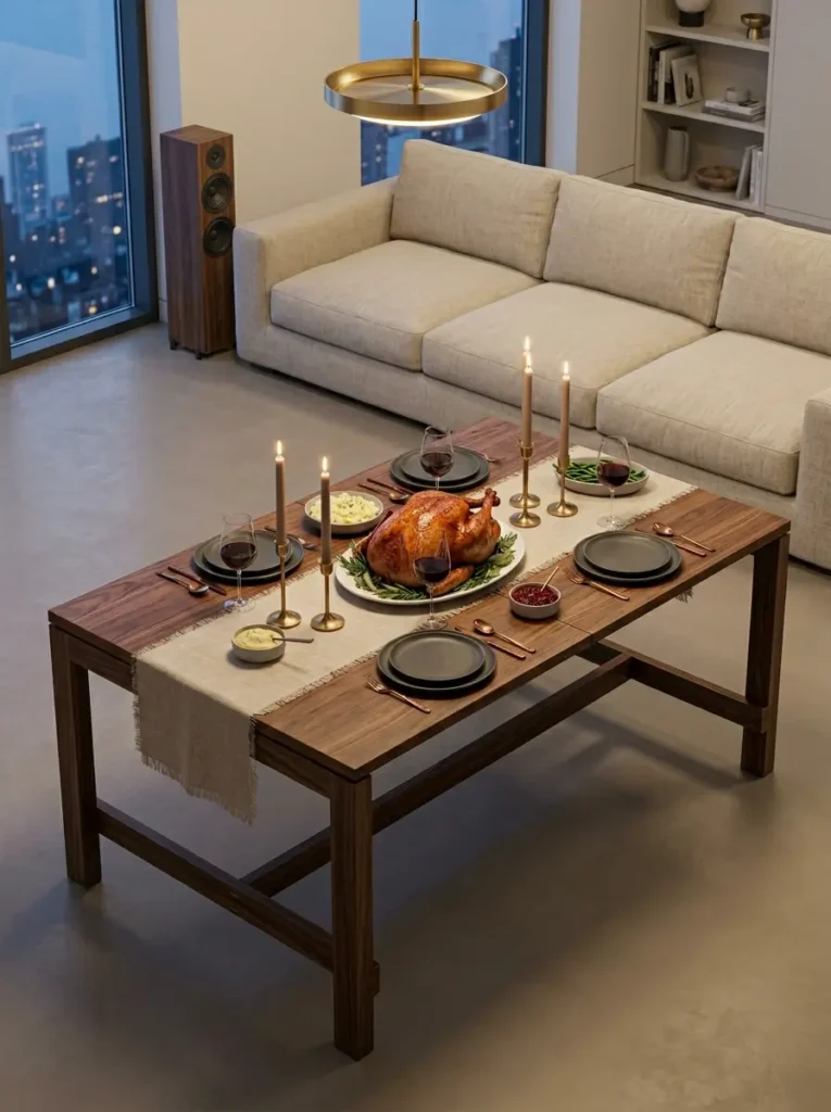Long narrow wooden table positioned directly behind a beige couch set with dark plates