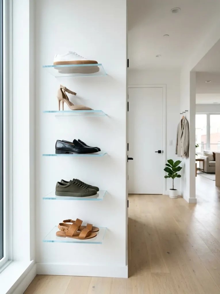 Transparent acrylic ledges attached to a white wall hold pairs of sneakers heels and sandals.