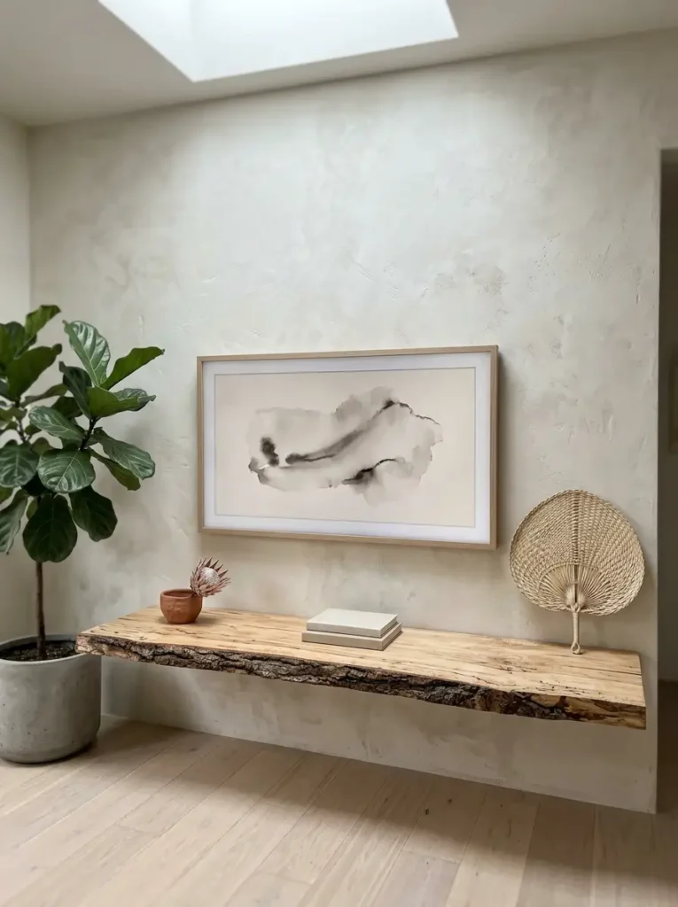 Live edge slab shelf offers a raw wooden console below a framed small living room tv wall monitor.