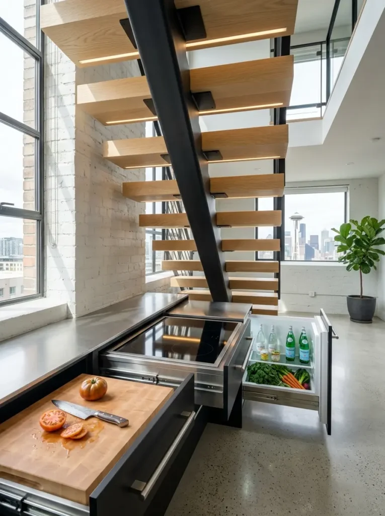 Deep stainless steel kitchen drawers holding fresh produce and a cooktop pulled out from the empty cavity beneath an open wooden staircase.