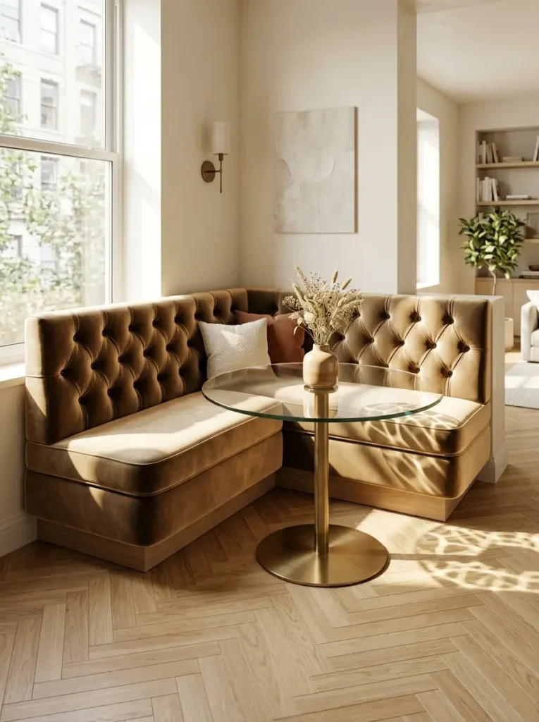 Golden brown tufted velvet banquette bench tucked into a bright corner behind a glass round dining table on a herringbone floor.