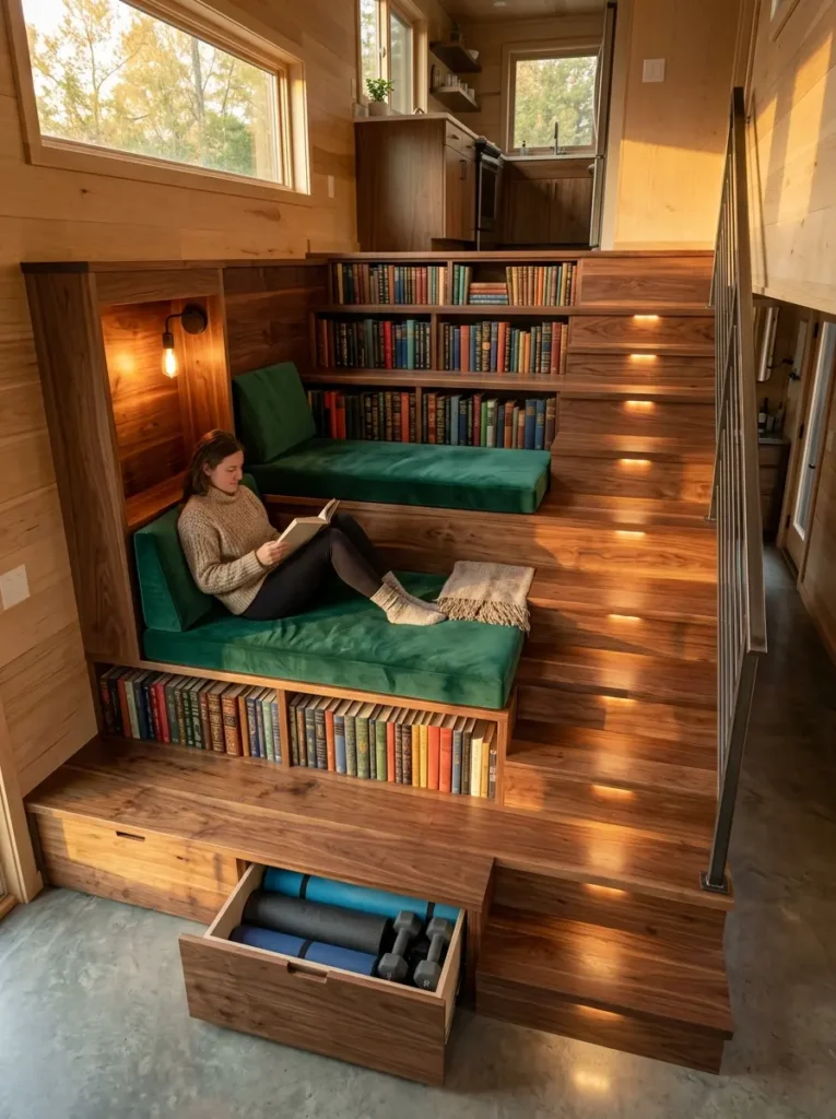Woman reading on green velvet cushions built into wide wooden stairs with bookshelves and pull-out storage drawers.
