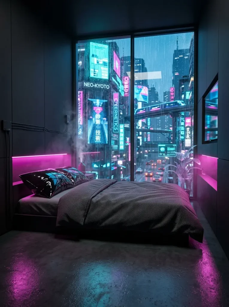 Moody futuristic bedroom with dark walls and bright magenta neon lights looking out over a rainy cyberpunk city