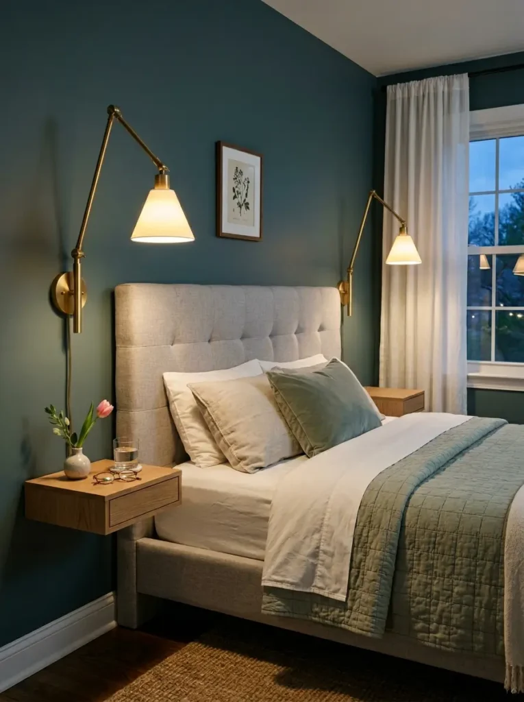 Brass wall lamps illuminate a grey tufted headboard and floating oak drawers.