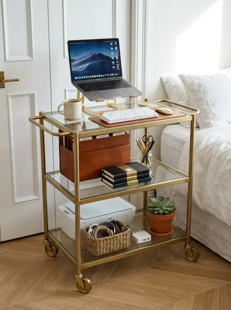 Gold three tier utility cart with a laptop and office supplies.
