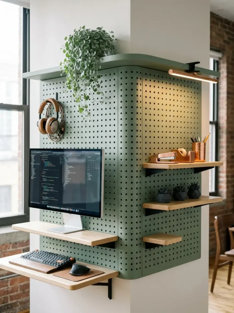 Green wrap around pegboard covering a column with wooden shelves holding a computer monitor.