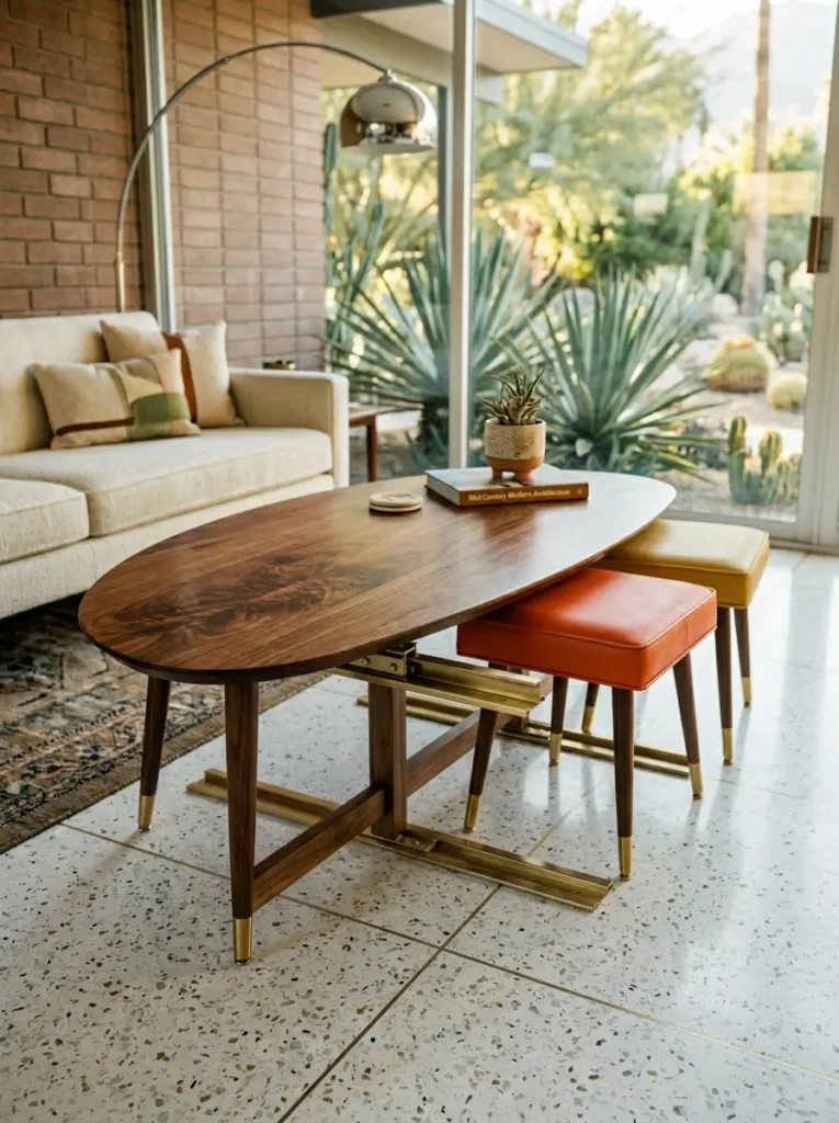 Mid Century Slide Out Table Oval wooden midcentury table with orange and yellow stools attached to sliding base tracks.