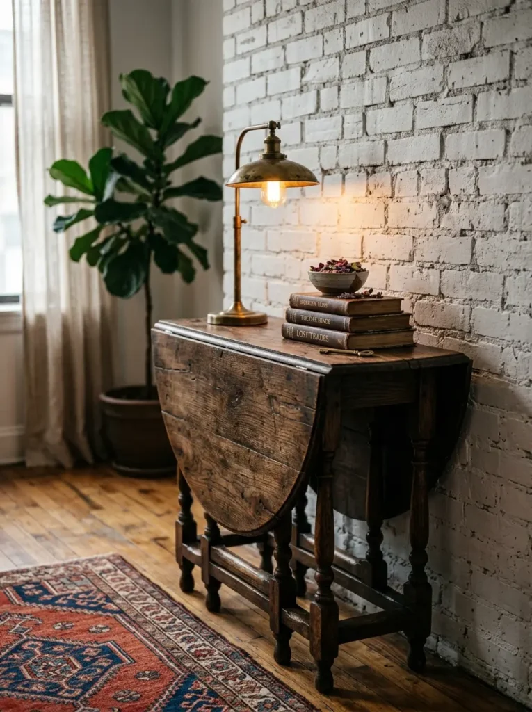Antique Gateleg Drop Leaf Wooden Console Dark antique drop leaf space saving dining table set against a painted white brick wall.