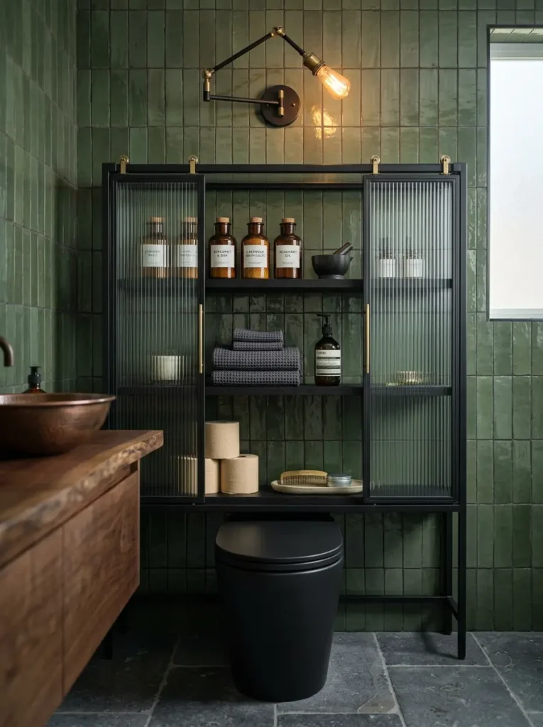 Tall black metal cabinet with sliding fluted glass doors against green tiles