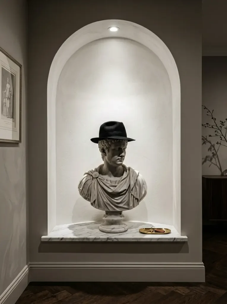 Classic white marble bust wears a black hat inside an illuminated arched wall niche over herringbone floors.