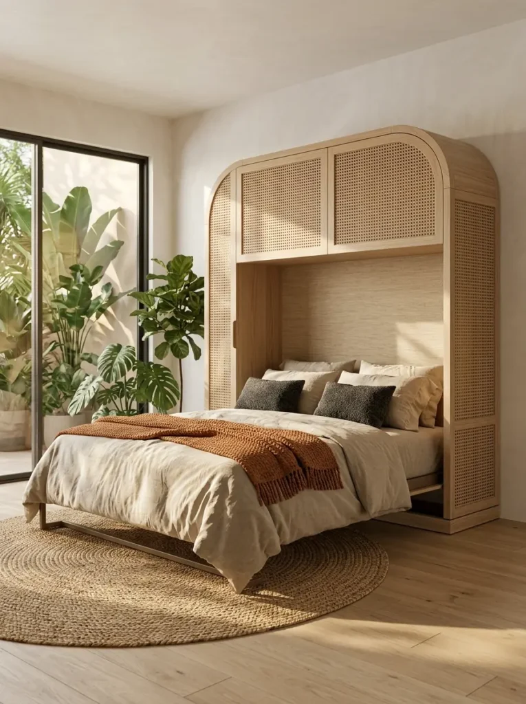 Arched Cane Webbing Cabinet Light blonde wood affordable murphy bed with woven rattan panels and neutral linen sheets.