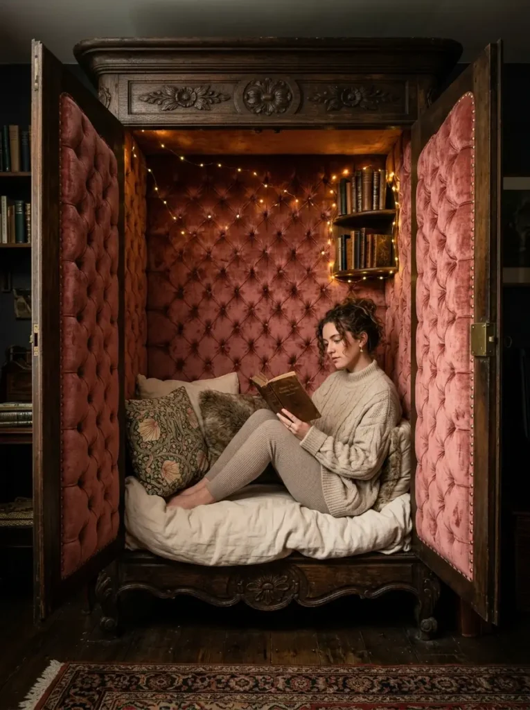 Vintage Wardrobe Retreat Woman reading inside a vintage wardrobe transformed into a cozy reading space.