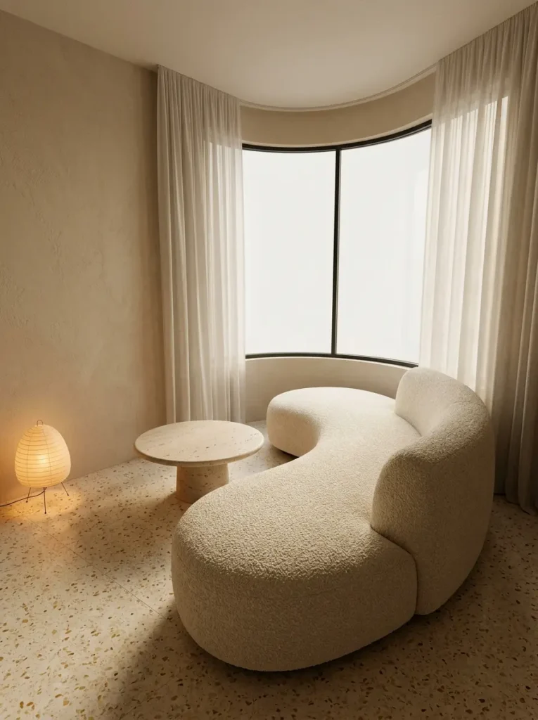 Curved Cream Modern Sofa Curved cream colored sofa matching the shape of a bay window on a terrazzo floor.
