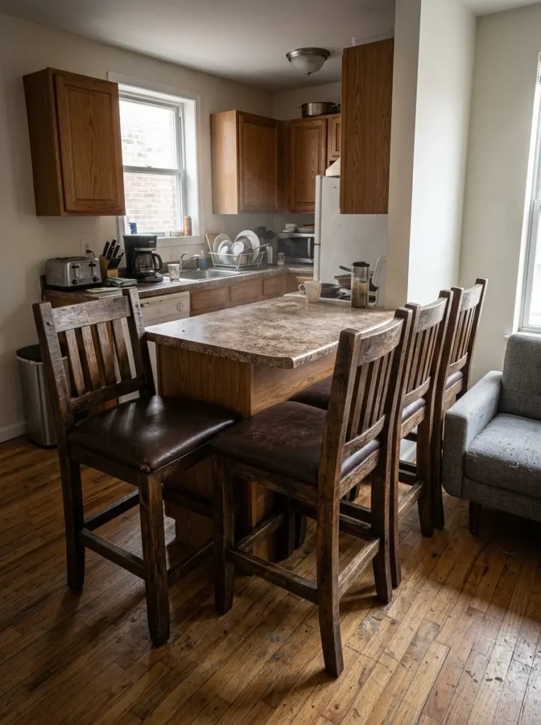 Four heavy dark wood barstools with tall backs crowded around a very small kitchen peninsula
