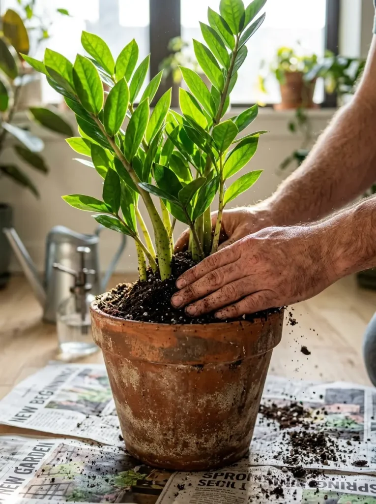 Hands press dark soil around the bright green stems of a plant in a clay pot.