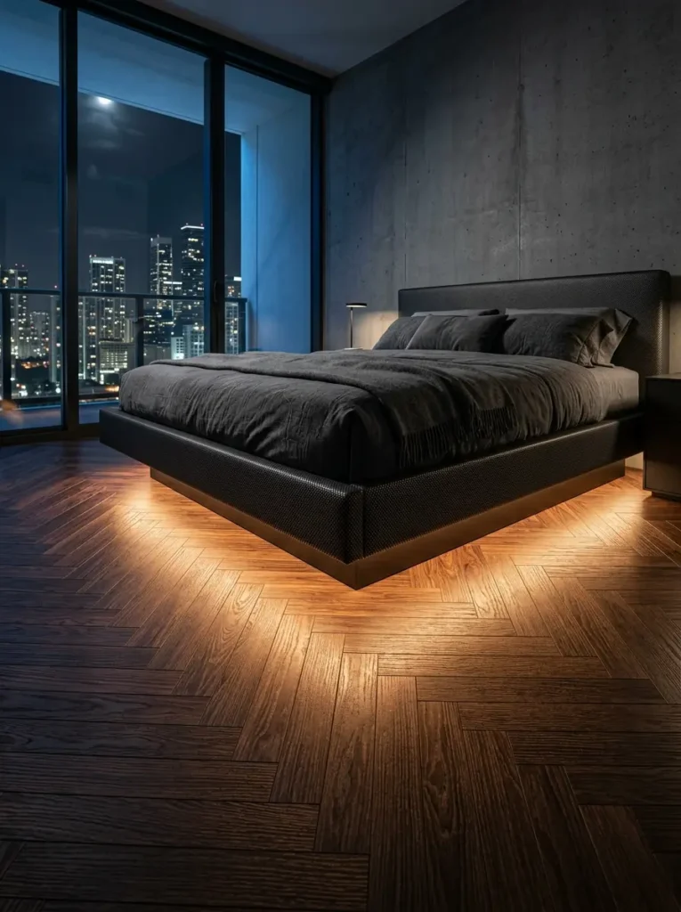 Illuminated Black Platform Bed Dark textured platform bed frame casting bright LED light onto a wood floor at night