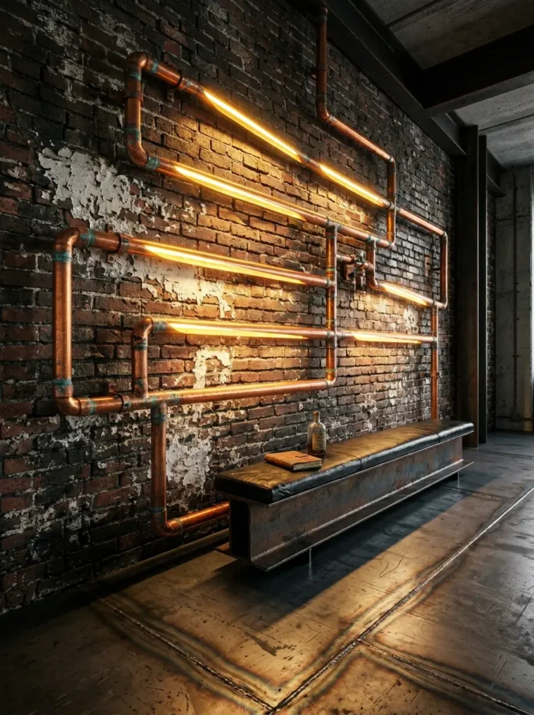 Industrial copper pipes with integrated LED lighting for dark apartments on a brick wall.