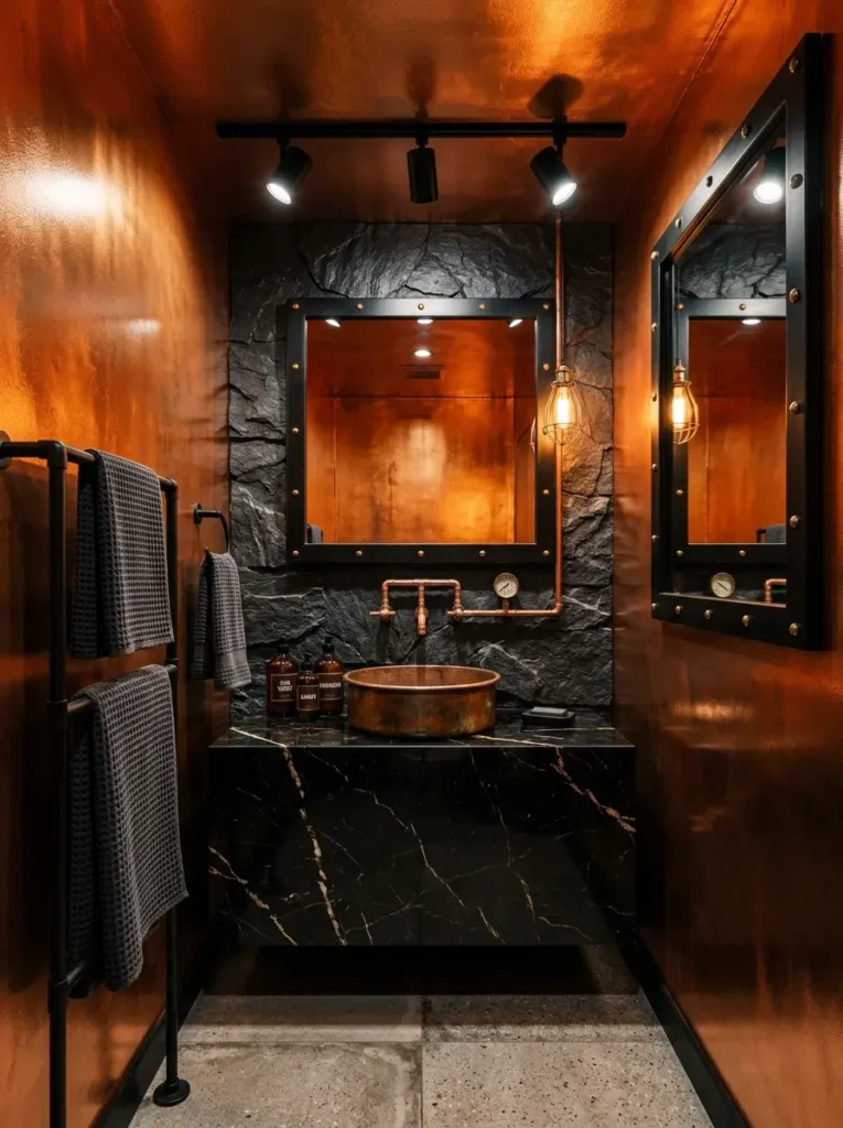 Copper Industrial Bathroom Design Metallic copper walls with black stone and exposed piping