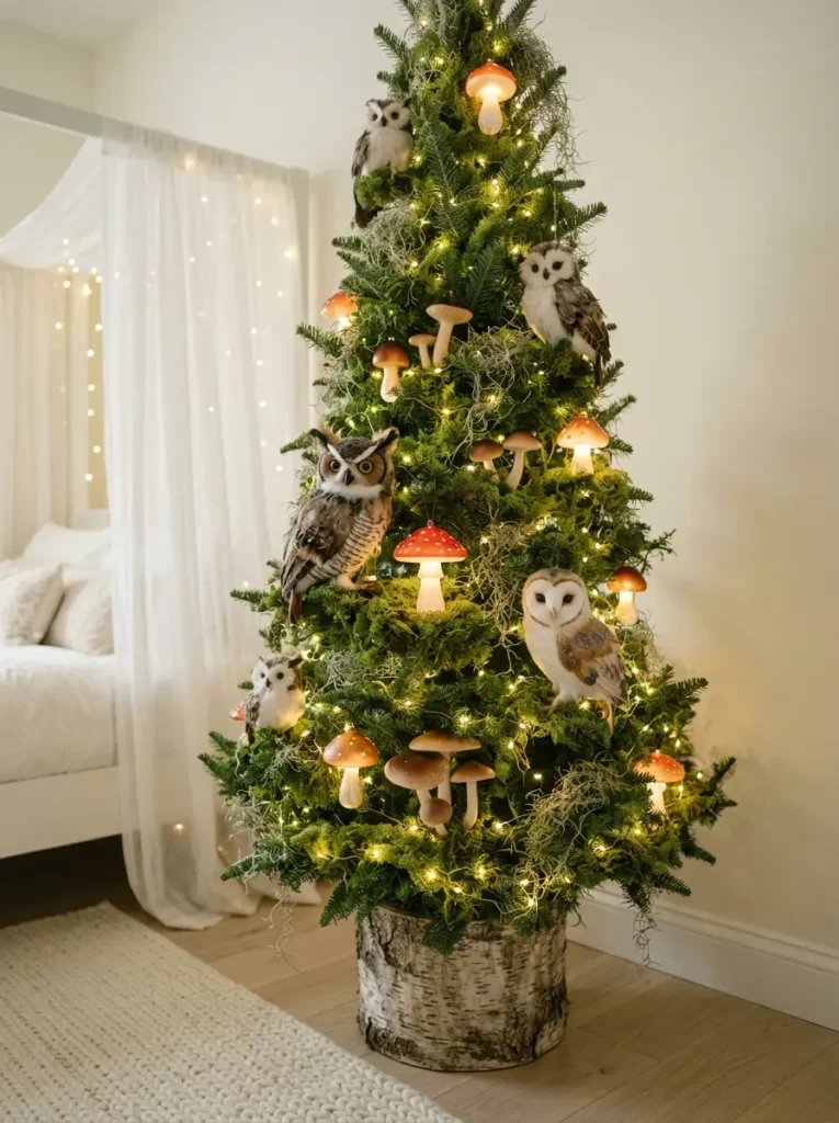 Rustic evergreen tree featuring realistic owls glowing mushroom lights and wispy Spanish moss