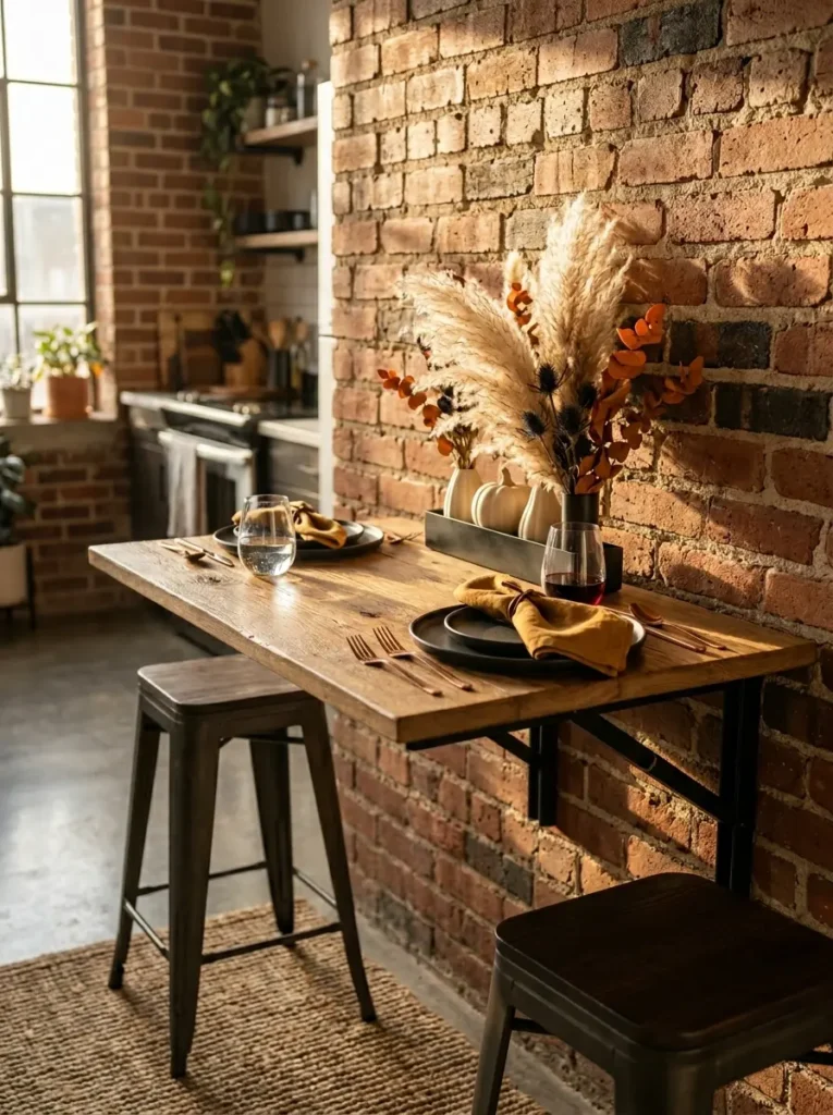 Rustic wooden drop leaf table mounted to an exposed brick wall with two metal stools