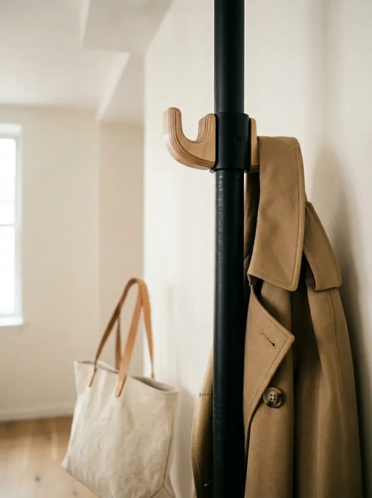 Dark metal column stands near a wall holding a tan coat and a canvas tote bag on carved hooks.