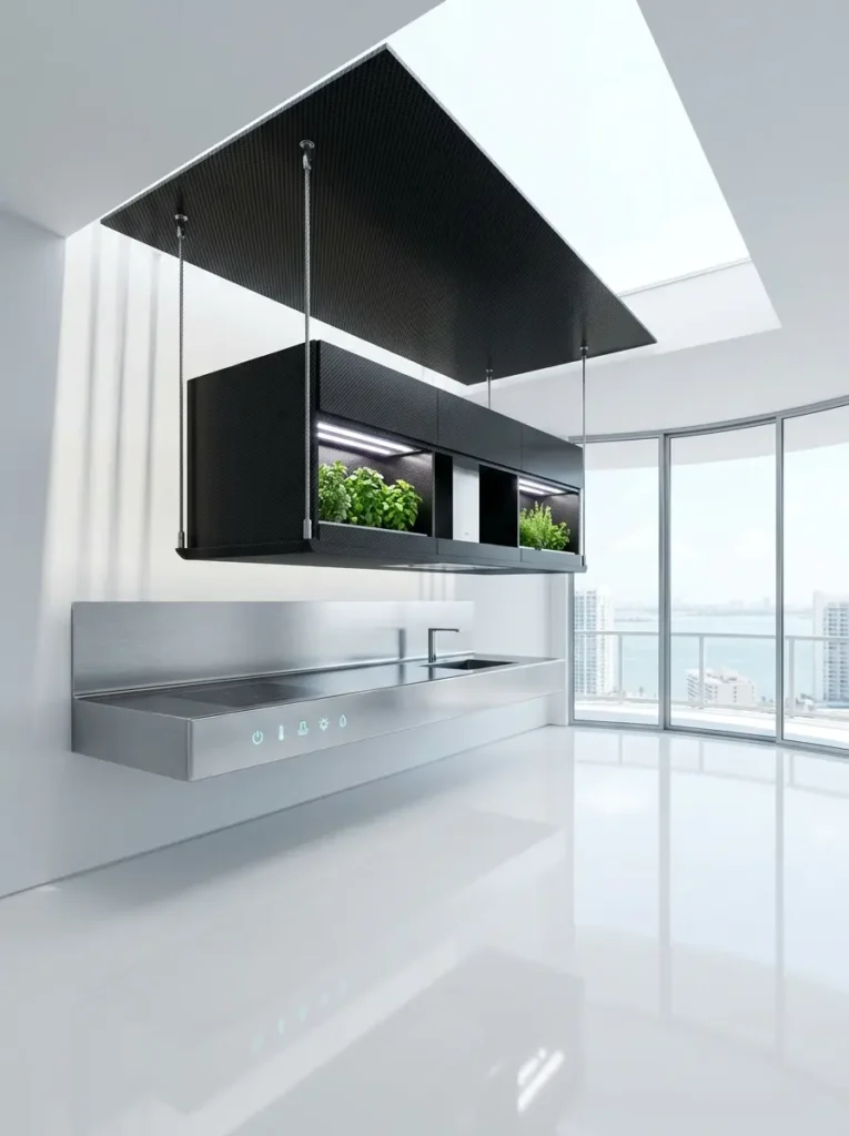 A black rectangular pod suspended by steel cables from the ceiling, hanging over a minimalist metallic counter in a bright room.